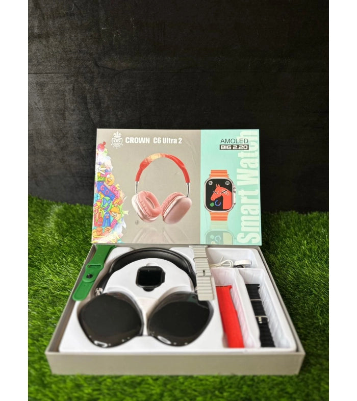 CROWN C6 Ultra 2 Smart Watch Combo | 2.20” AMOLED Display | Health & Fitness Tracker | Heart Rate, SpO2, BP & Sleep Monitoring | Sports Modes | Waterproof | Wireless Headphones + Extra Straps | iOS & Android Compatible