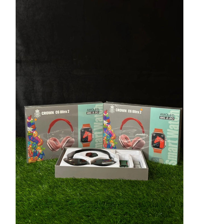 CROWN C6 Ultra 2 Smart Watch Combo | 2.20” AMOLED Display | Health & Fitness Tracker | Heart Rate, SpO2, BP & Sleep Monitoring | Sports Modes | Waterproof | Wireless Headphones + Extra Straps | iOS & Android Compatible